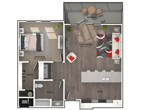 Floor plan for 1 bed, 1 bath, 1007 sqft